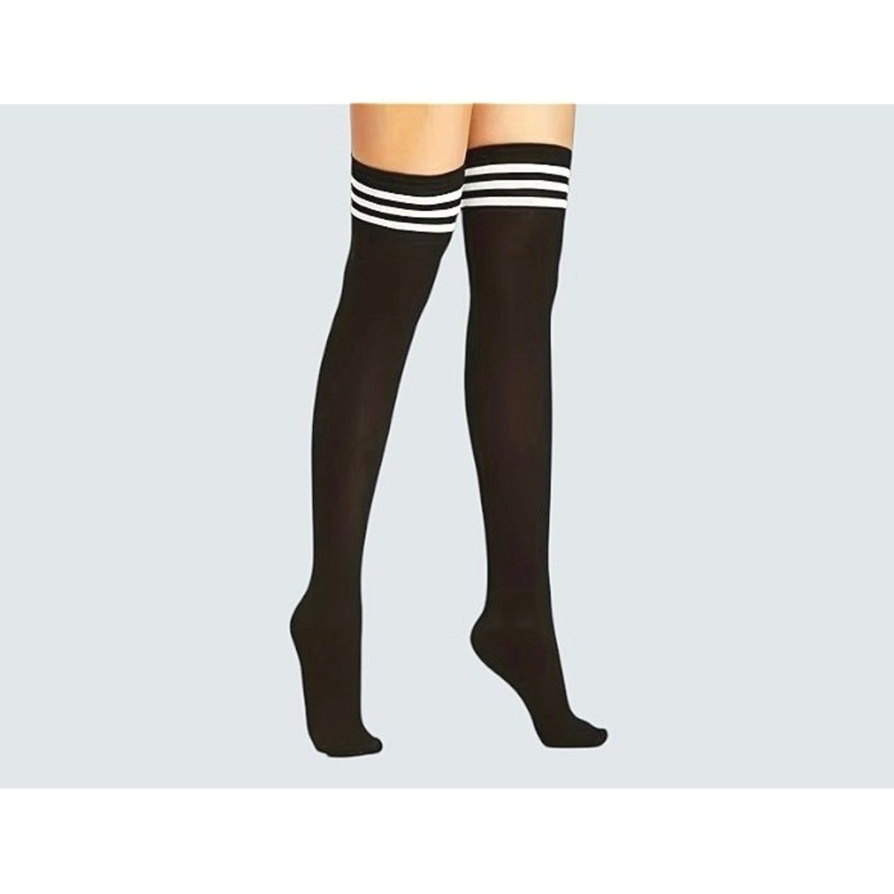 Black with 3 White Stripes Over the Knee Tube Socks ONE SIZE School Girl NEW